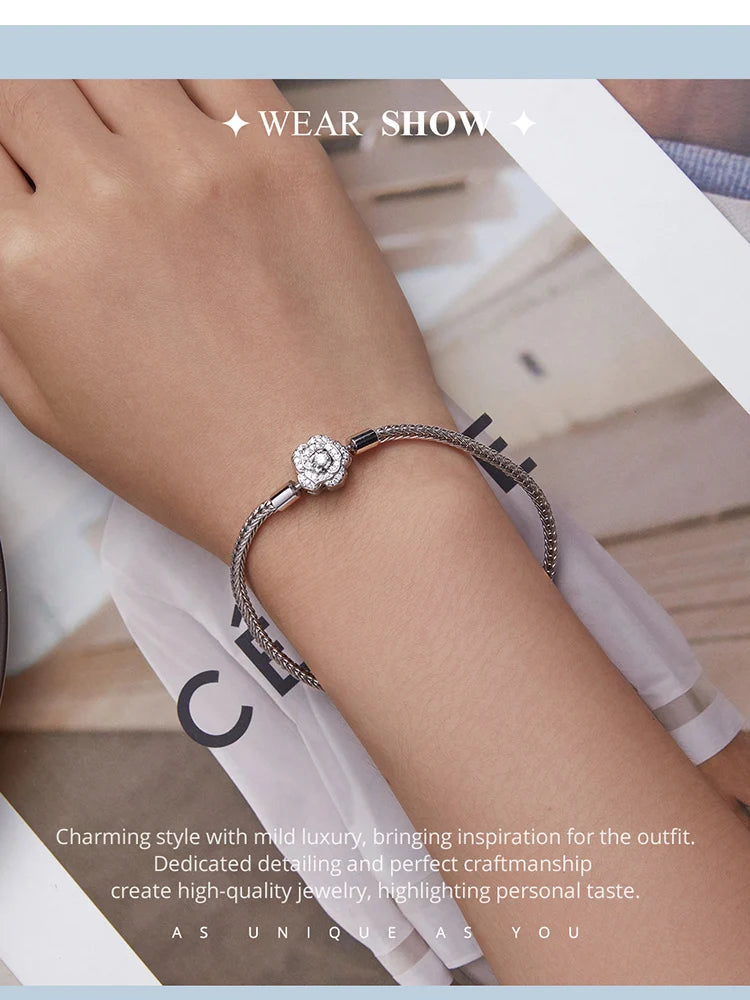 925 Sterling Silver Zircon Rose Buckle Bracelet Snake Chain for Women Bead Charm
