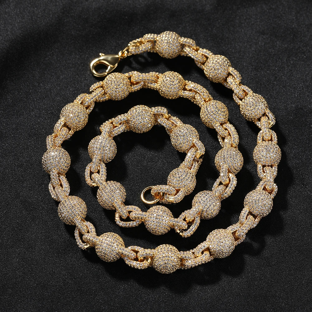 Ball 10mm Icy Bead Link Locked Chain Necklace Micro Paved Out 5A Cubic Zirconia Choker HipHop