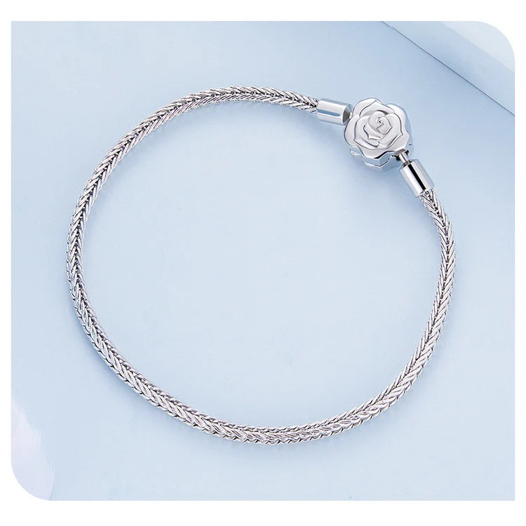 925 Sterling Silver Zircon Rose Buckle Bracelet Snake Chain for Women Bead Charm