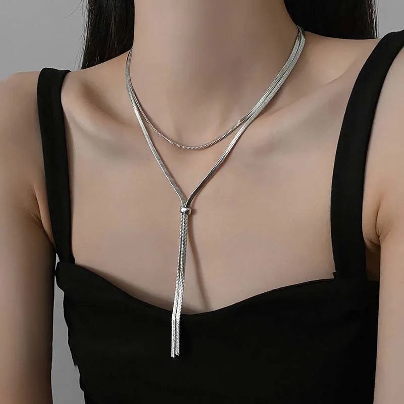 Long Snake Bone Chain Necklace Adjustable Pull Sweater