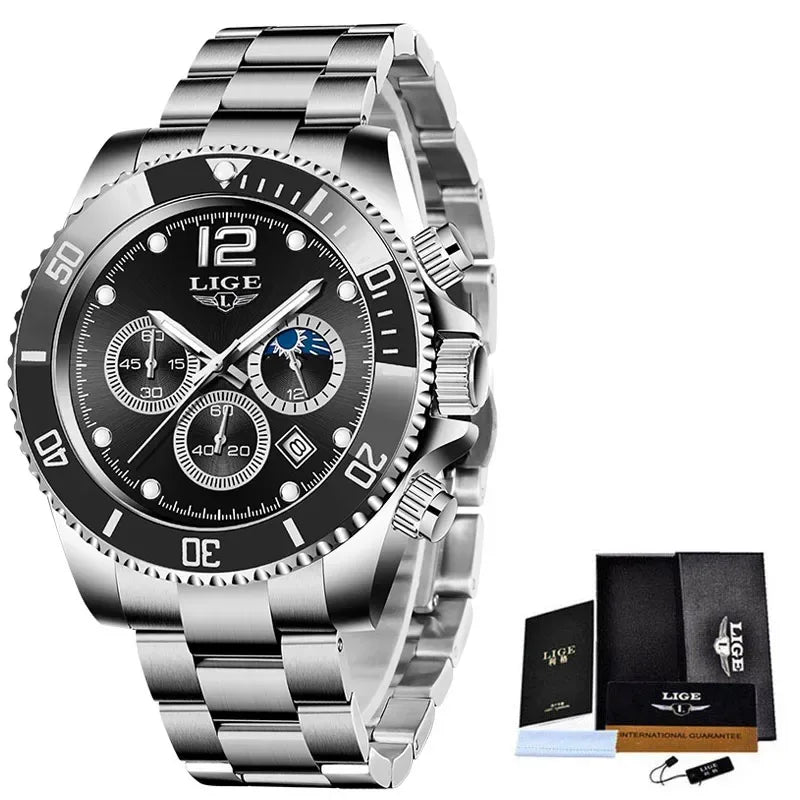 LIGE Top Brand Luxury Men Watch Business Stainless Steel Quartz Wristwatches Luminous Waterproof Watch for Men Clock Gift+Box