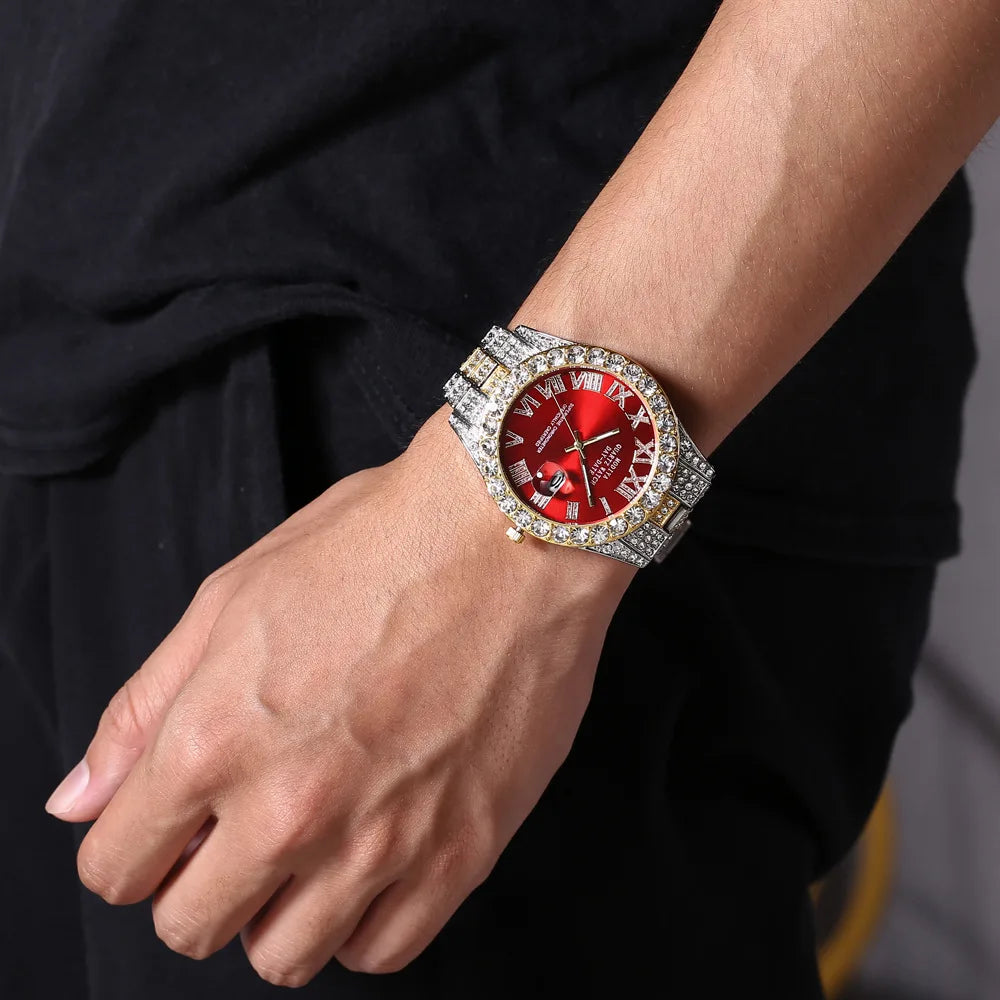 Iced Roman Numerals Round Cut Men's Watch in White Gold Rhinestone