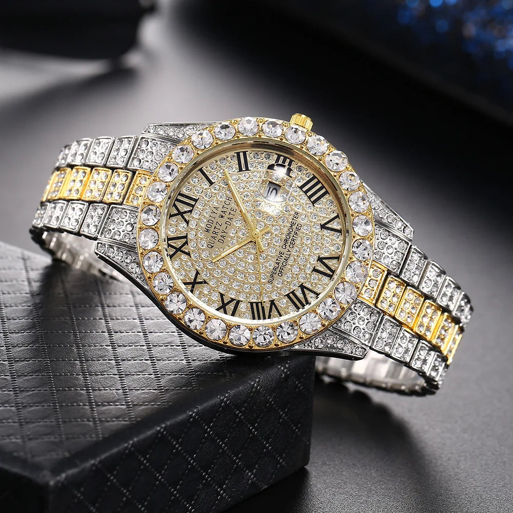Iced Roman Numerals Round Cut Men's Watch in White Gold Rhinestone