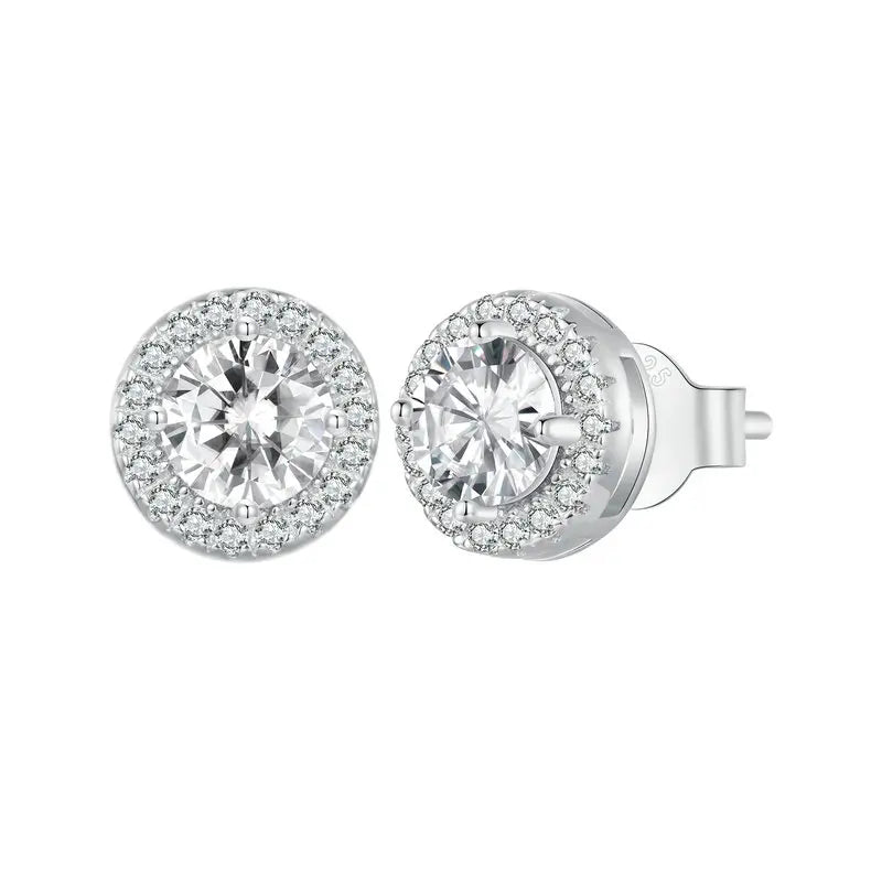 Platinum Plated Halo CZ Stud Earrings 925 Sterling Silver Hypoallergenic