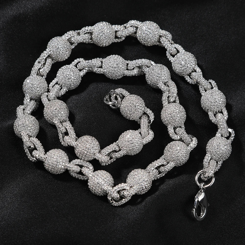 Ball 10mm Icy Bead Link Locked Chain Necklace Micro Paved Out 5A Cubic Zirconia Choker HipHop
