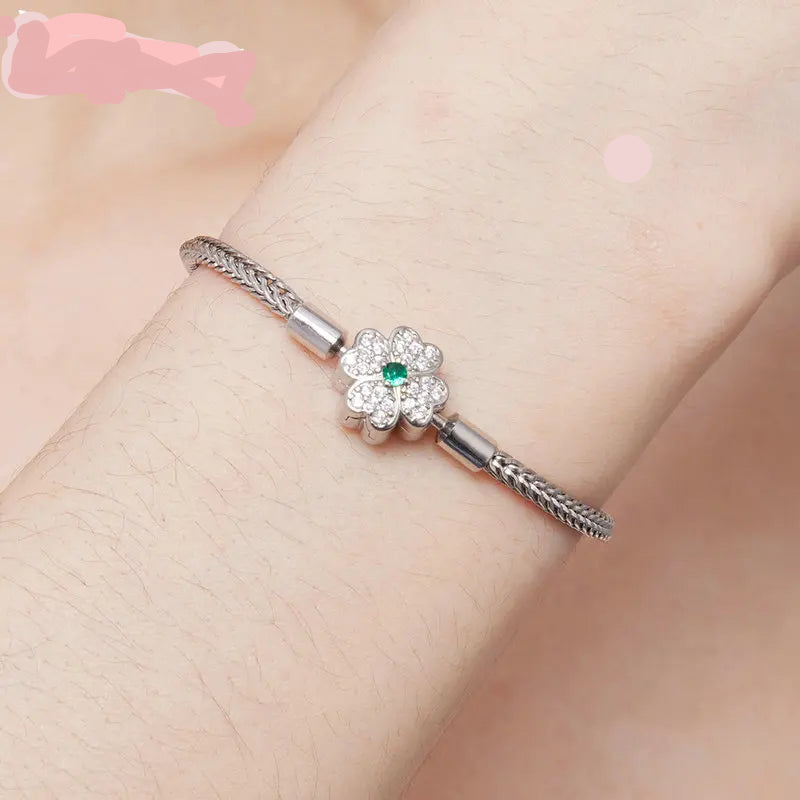 925 Sterling Silver Zircon Rose Buckle Bracelet Snake Chain for Women Bead Charm