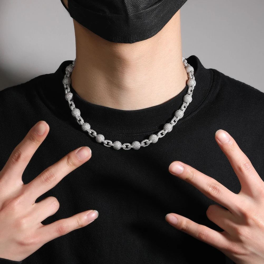 Ball 10mm Icy Bead Link Locked Chain Necklace Micro Paved Out 5A Cubic Zirconia Choker HipHop