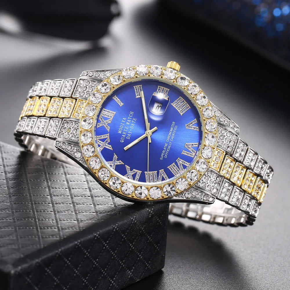 Iced Roman Numerals Round Cut Men's Watch in White Gold Rhinestone