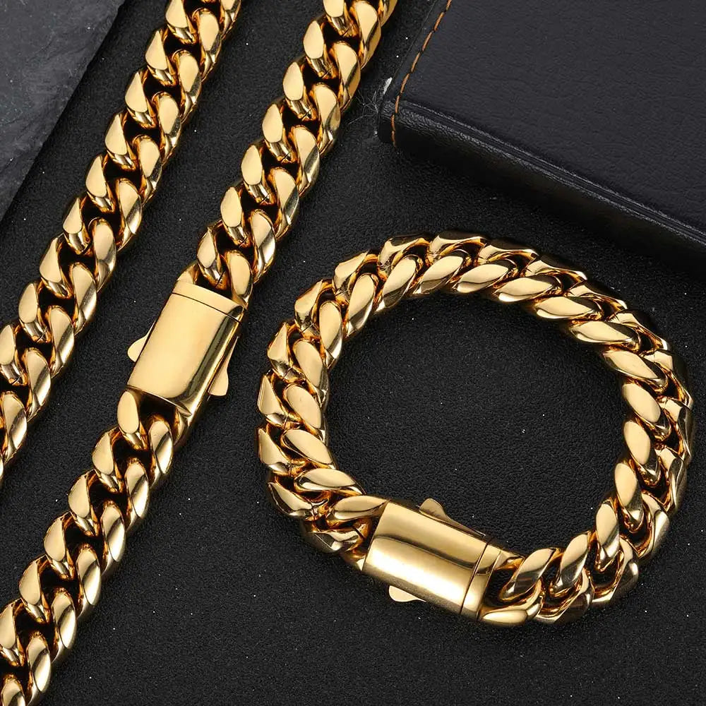 8-14mm Stainless Steel Gold Cuban Chain Curb Link Necklace