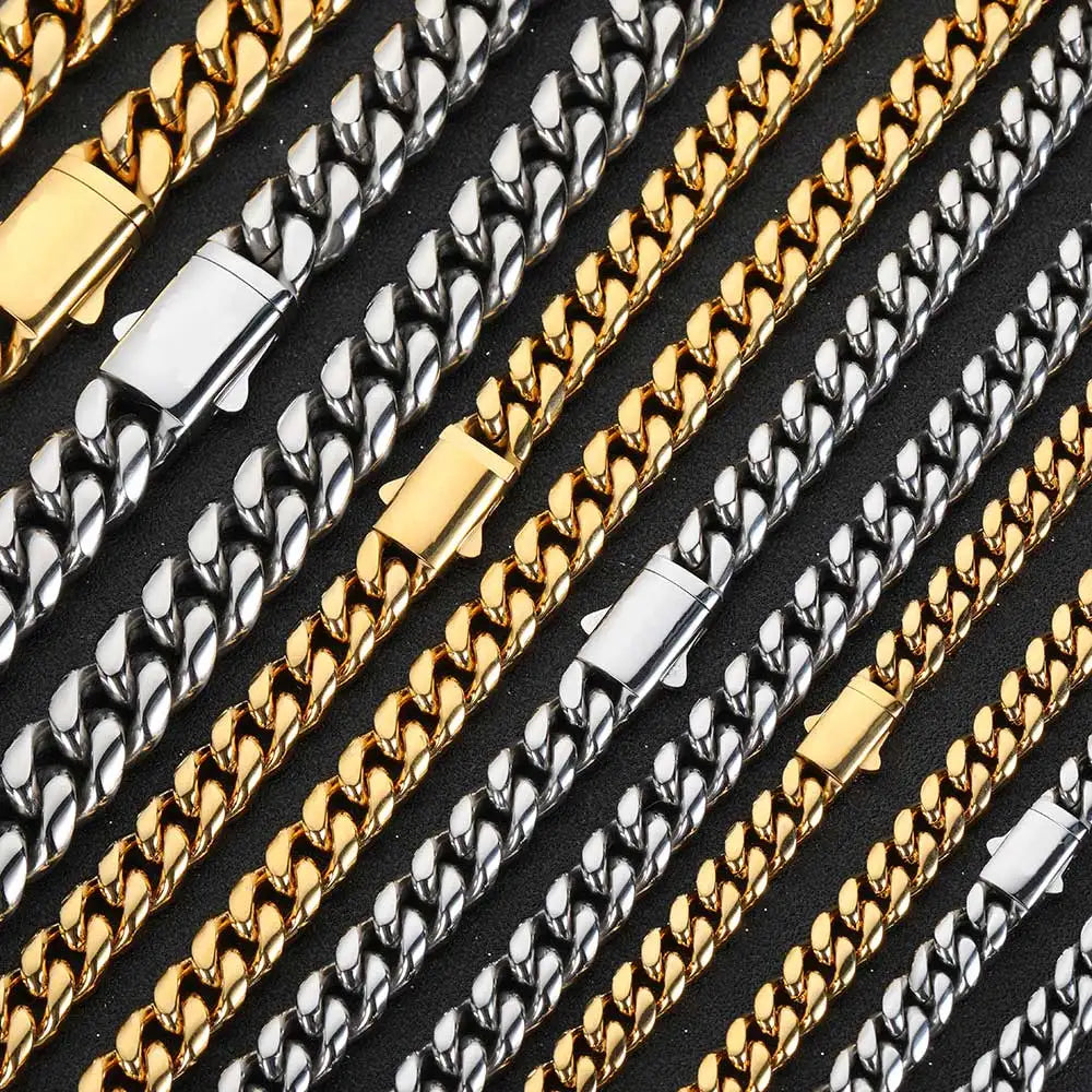 8-14mm Stainless Steel Gold Cuban Chain Curb Link Necklace