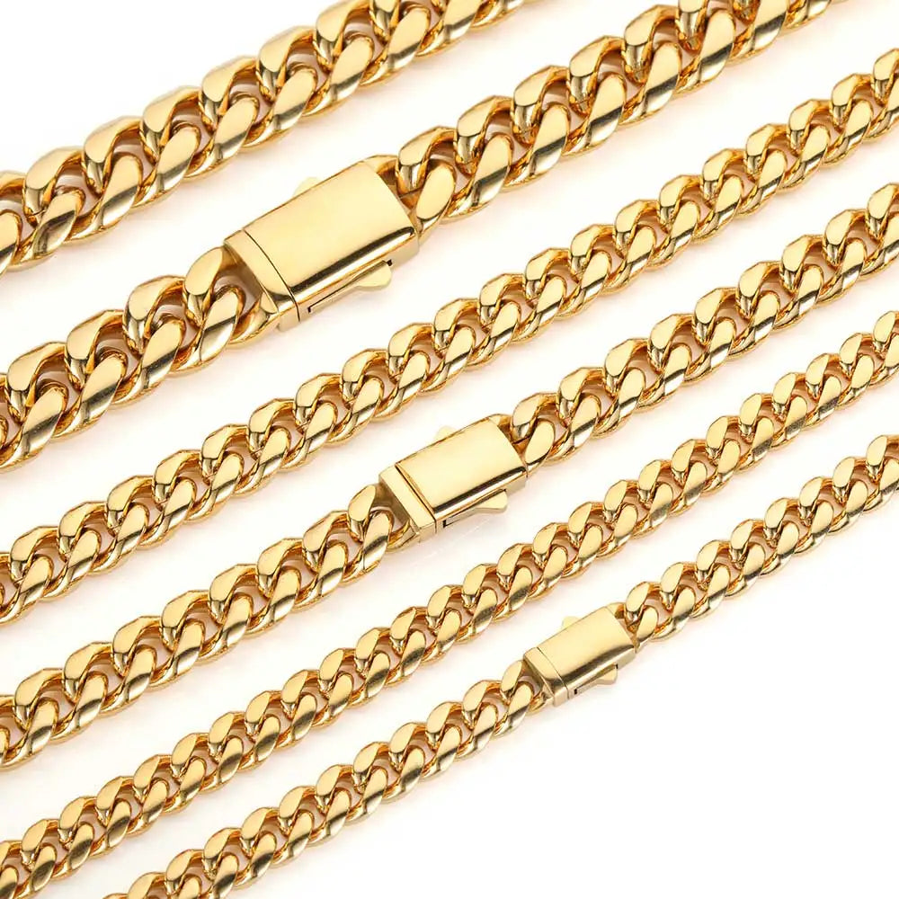 8-14mm Stainless Steel Gold Cuban Chain Curb Link Necklace