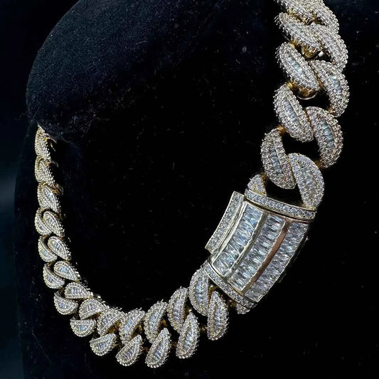 5AAA+ CZ Hop Hip Ice Out Bling Baguette Chain Necklace 14k Real Gold Plated 20MM
