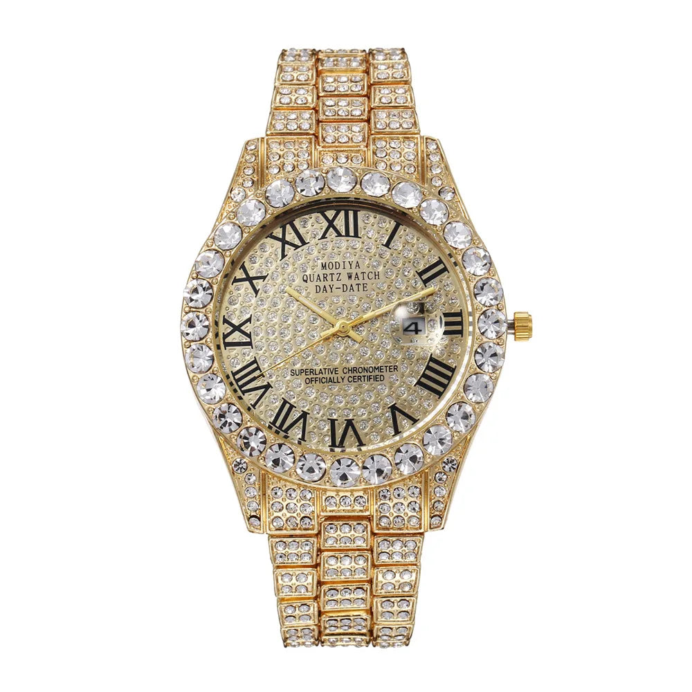 Iced Roman Numerals Round Cut Men's Watch in White Gold Rhinestone
