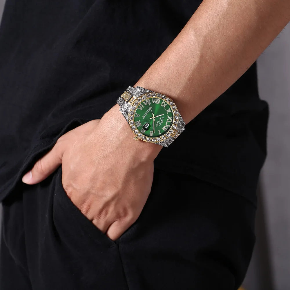 Iced Roman Numerals Round Cut Men's Watch in White Gold Rhinestone