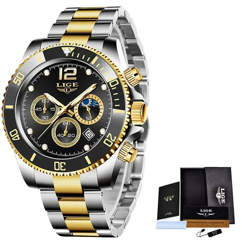 LIGE Top Brand Luxury Men Watch Business Stainless Steel Quartz Wristwatches Luminous Waterproof Watch for Men Clock Gift+Box