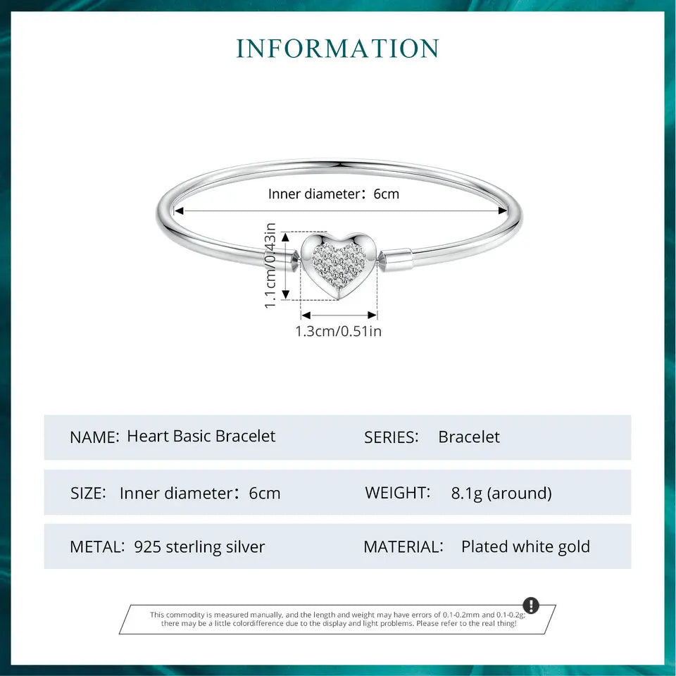 925 Sterling Silver Heart Bracelet for Women