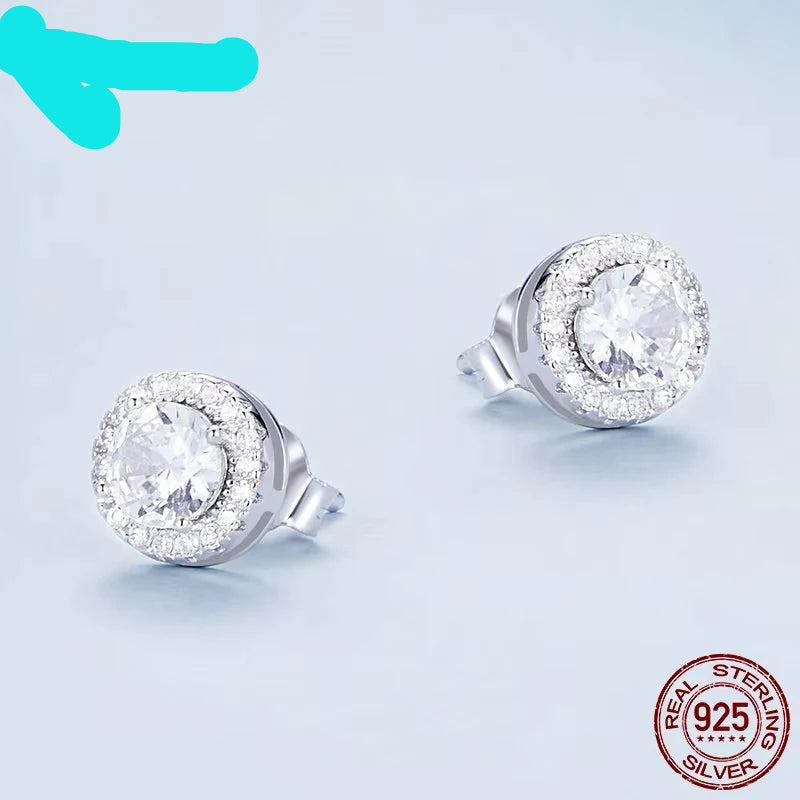 Platinum Plated Halo CZ Stud Earrings 925 Sterling Silver Hypoallergenic