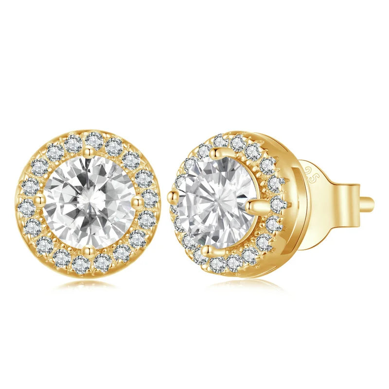 Platinum Plated Halo CZ Stud Earrings 925 Sterling Silver Hypoallergenic