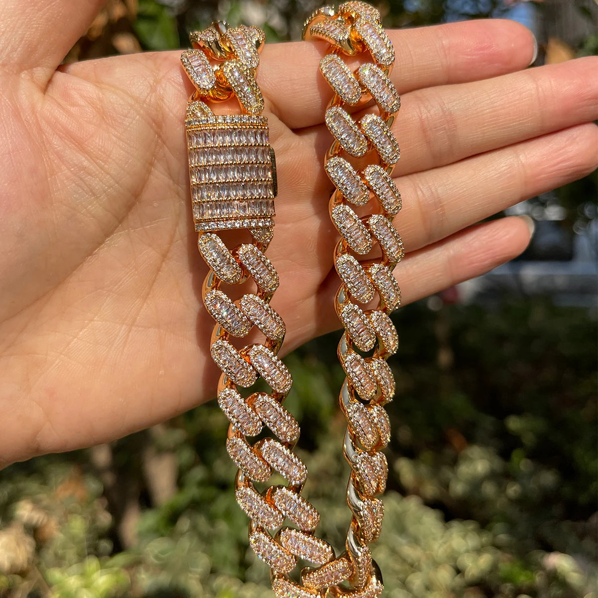 5AAA+ CZ Hop Hip Ice Out Bling Baguette Chain Necklace 14k Real Gold Plated 15MM