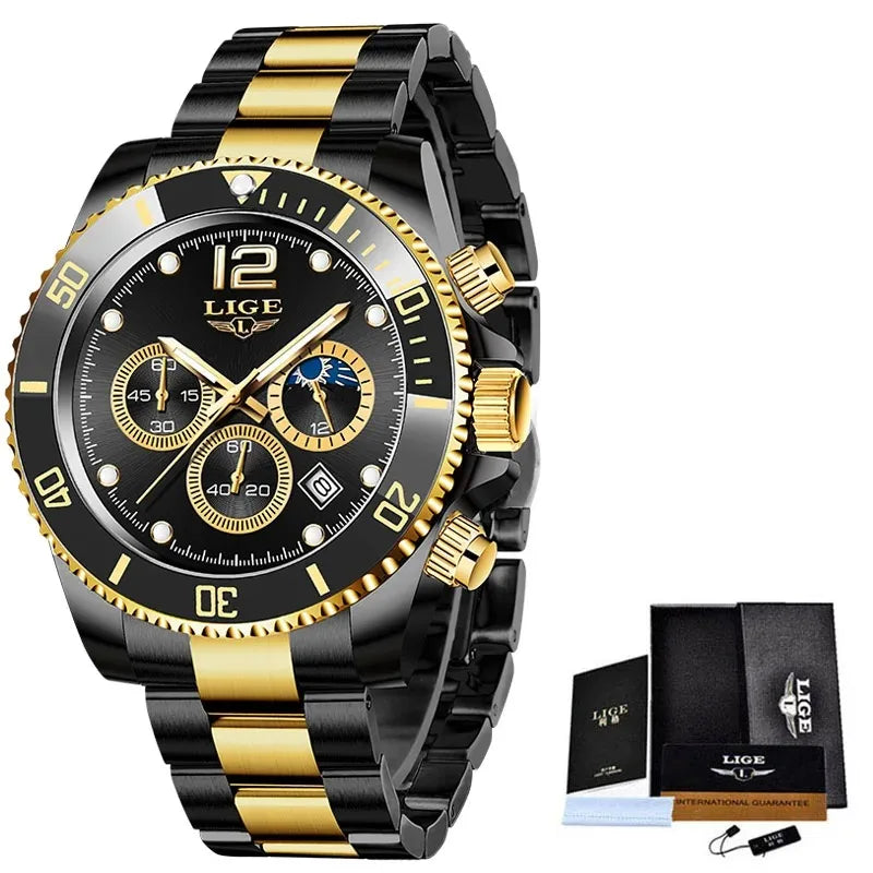 LIGE Top Brand Luxury Men Watch Business Stainless Steel Quartz Wristwatches Luminous Waterproof Watch for Men Clock Gift+Box