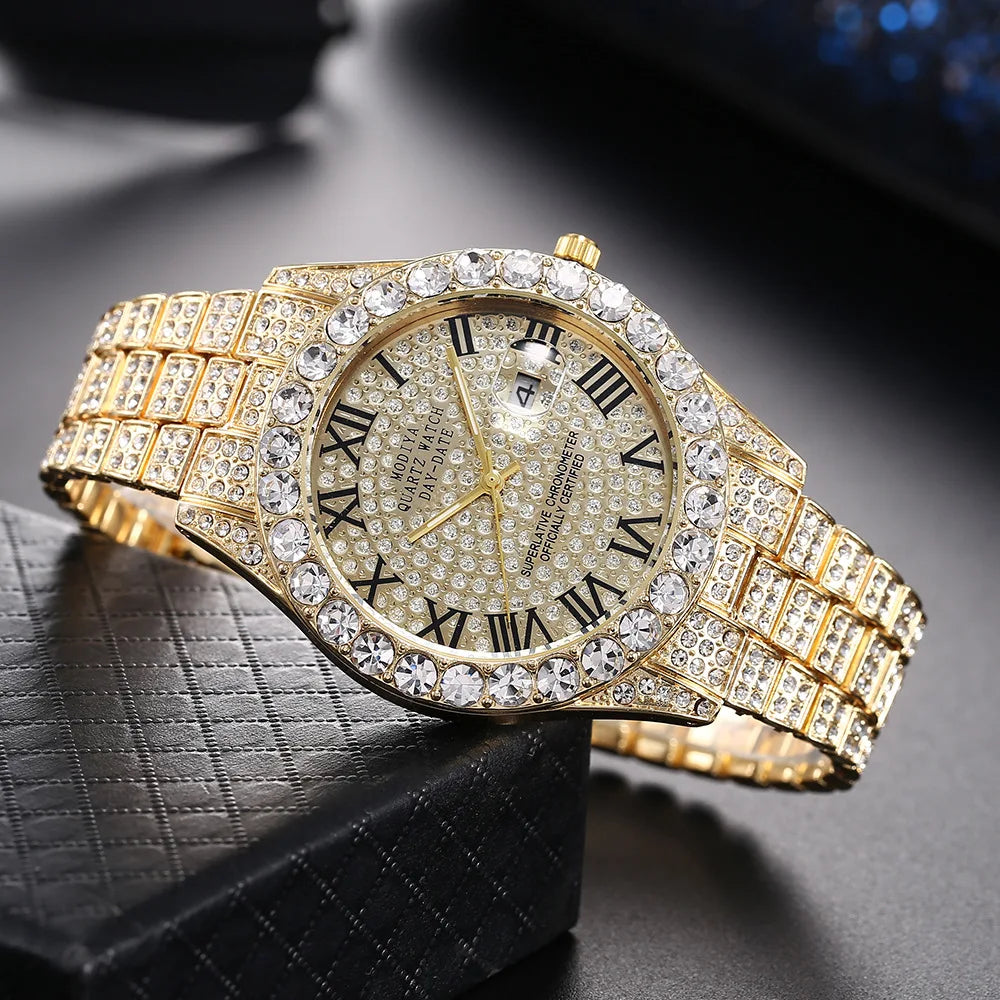 Iced Roman Numerals Round Cut Men's Watch in White Gold Rhinestone