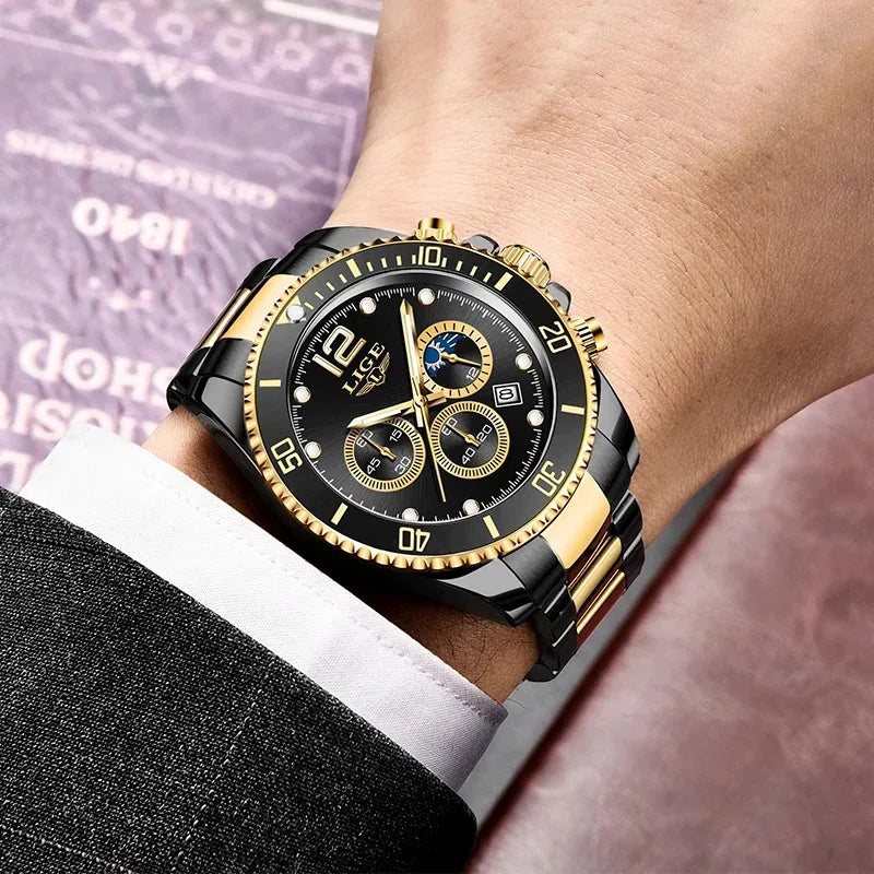 LIGE Top Brand Luxury Men Watch Business Stainless Steel Quartz Wristwatches Luminous Waterproof Watch for Men Clock Gift+Box