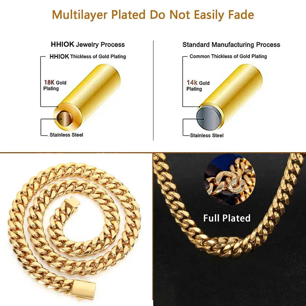 8-14mm Stainless Steel Gold Cuban Chain Curb Link Necklace