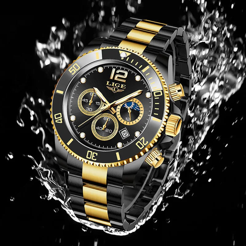 LIGE Top Brand Luxury Men Watch Business Stainless Steel Quartz Wristwatches Luminous Waterproof Watch for Men Clock Gift+Box