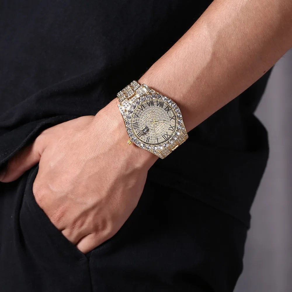 Iced Roman Numerals Round Cut Men's Watch in White Gold Rhinestone