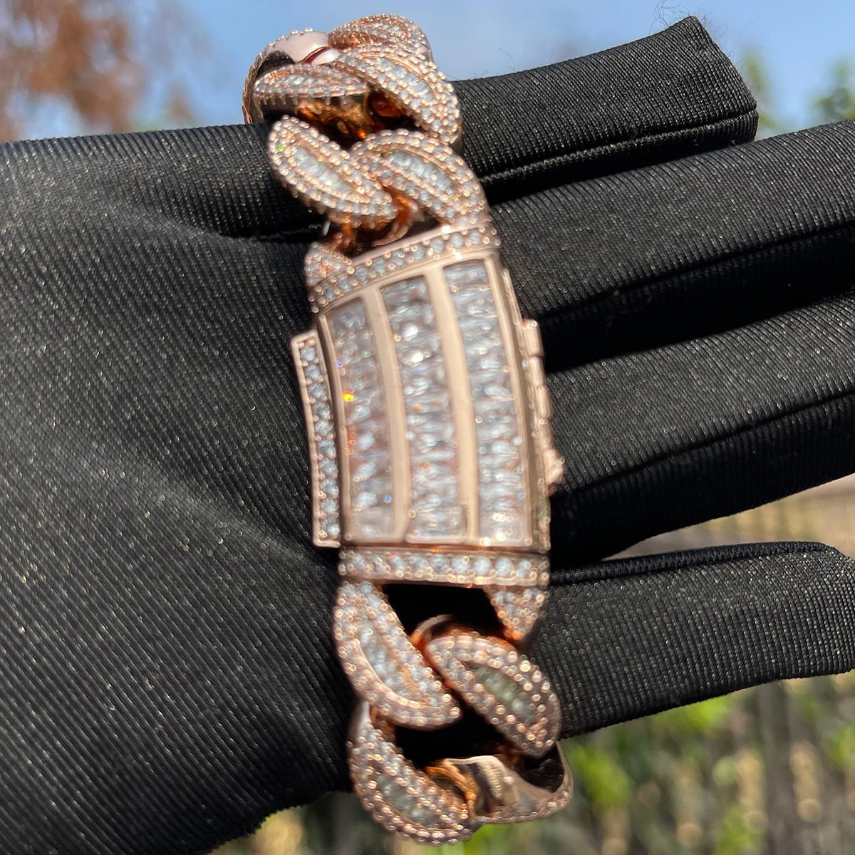 5AAA+ CZ Ice Out Hop Hip Baguette Cuban Chain Bracelet 24k Real Gold Plated 20MM