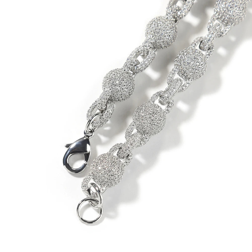 Ball 10mm Icy Bead Link Locked Chain Necklace Micro Paved Out 5A Cubic Zirconia Choker HipHop