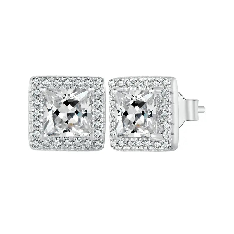 Platinum Plated Halo CZ Stud Earrings 925 Sterling Silver Hypoallergenic