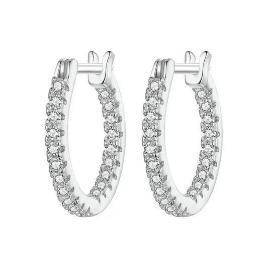 A set of three hoop earrings made of 925 sterling silver with zircon inlays, presented in varying sizes with a '925 Sterling Silver' stamp in the image.