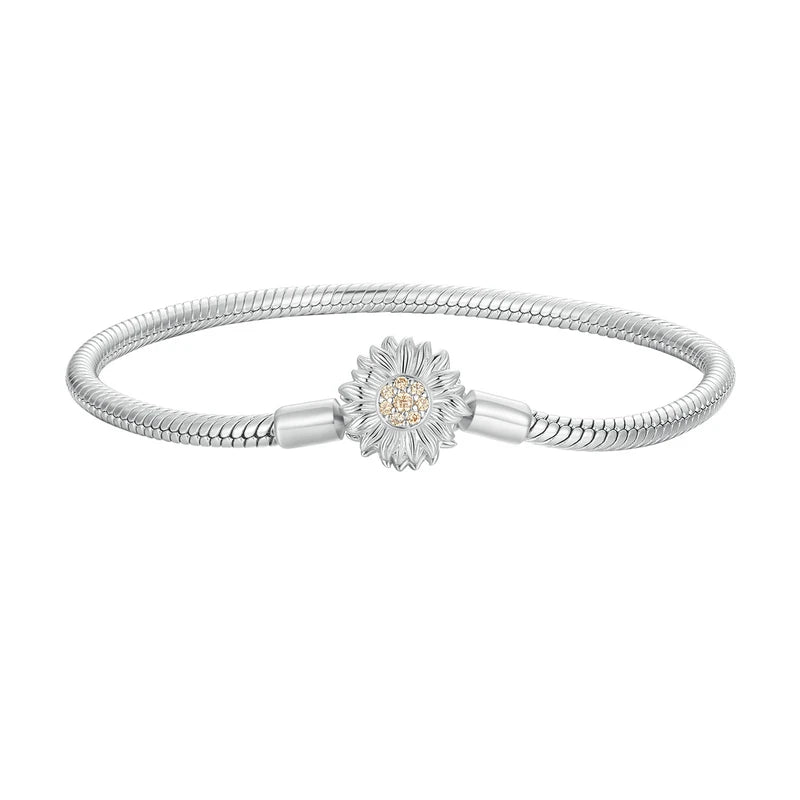 925 Sterling Silver Zircon Rose Buckle Bracelet Snake Chain for Women Bead Charm
