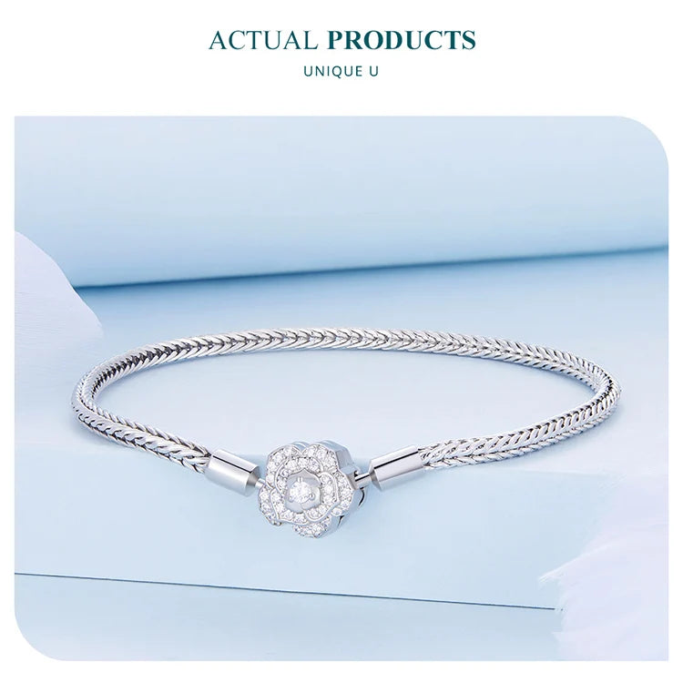 925 Sterling Silver Zircon Rose Buckle Bracelet Snake Chain for Women Bead Charm