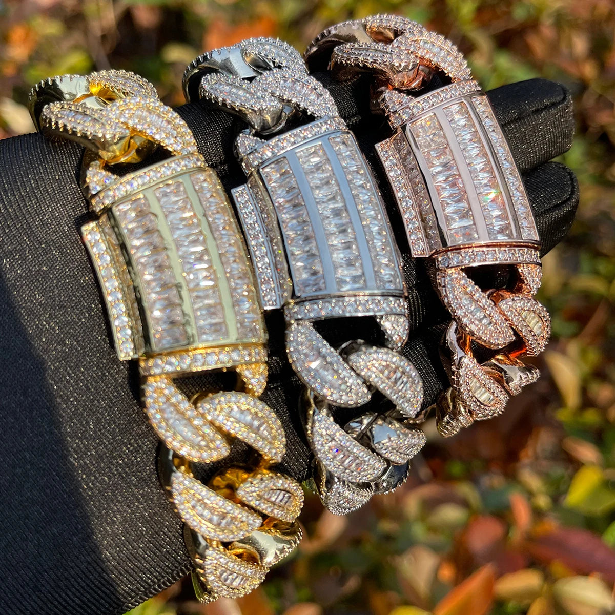 5AAA+ CZ Ice Out Hop Hip Baguette Cuban Chain Bracelet 24k Real Gold Plated 20MM