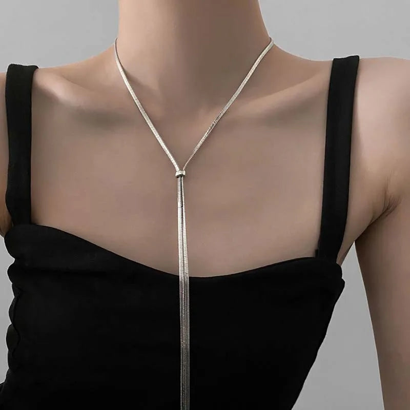 Long Snake Bone Chain Necklace Adjustable Pull Sweater
