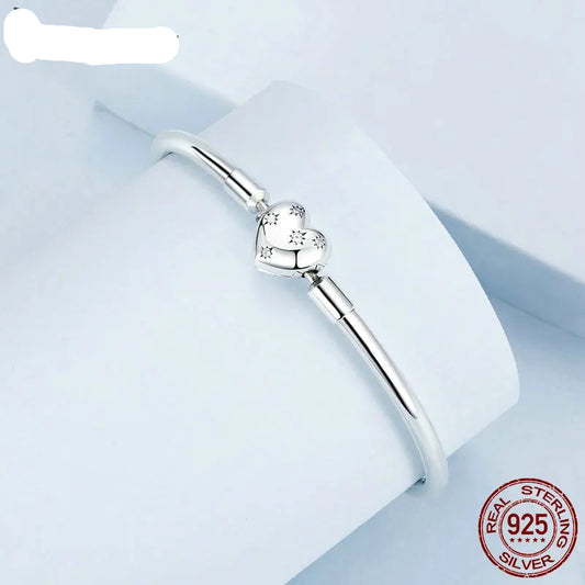 925 Sterling Silver Charm Bracelet, Classic Heart/Shell Basic Bangle Charm Beads
