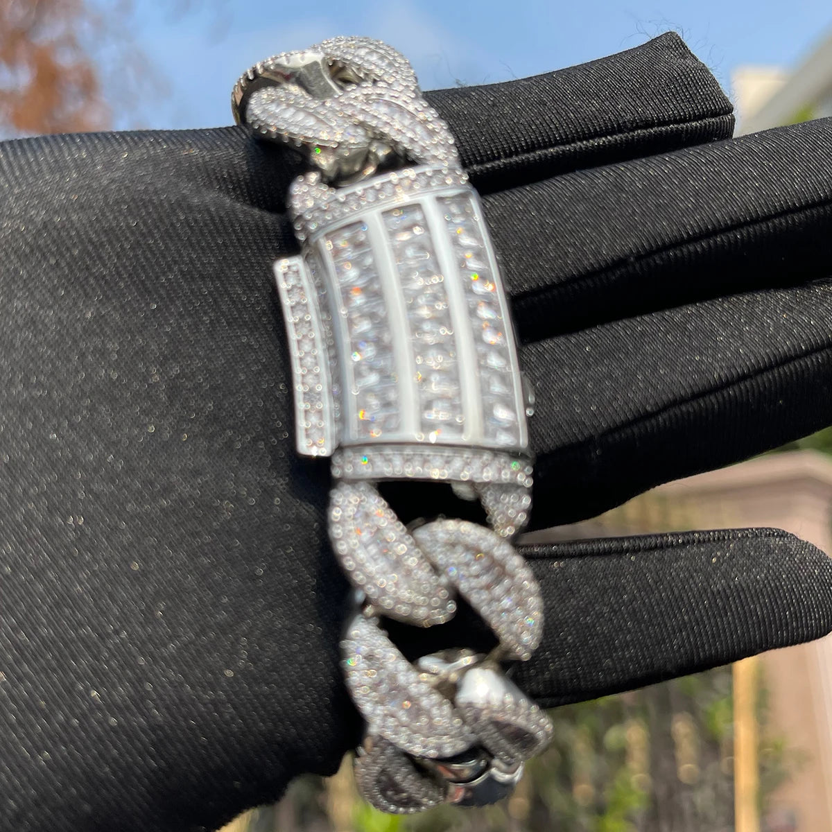 5AAA+ CZ Ice Out Hop Hip Baguette Cuban Chain Bracelet 24k Real Gold Plated 20MM