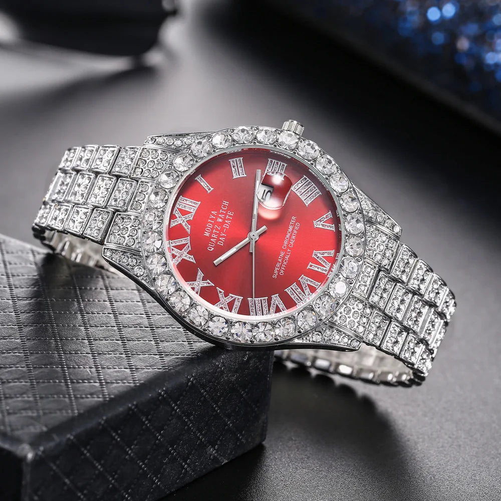 Iced Roman Numerals Round Cut Men's Watch in White Gold Rhinestone