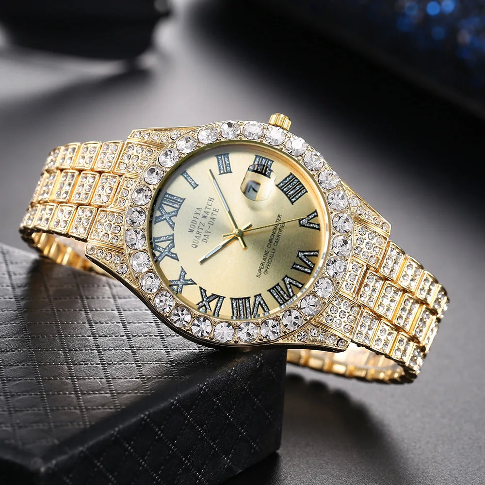 Iced Roman Numerals Round Cut Men's Watch in White Gold Rhinestone