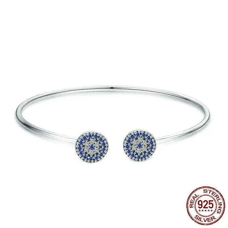 925 Sterling Silver Blue Zircon Lucky Eyes Bracelet for Women Open Cuff Bangle Classic Luxury Jewelry
