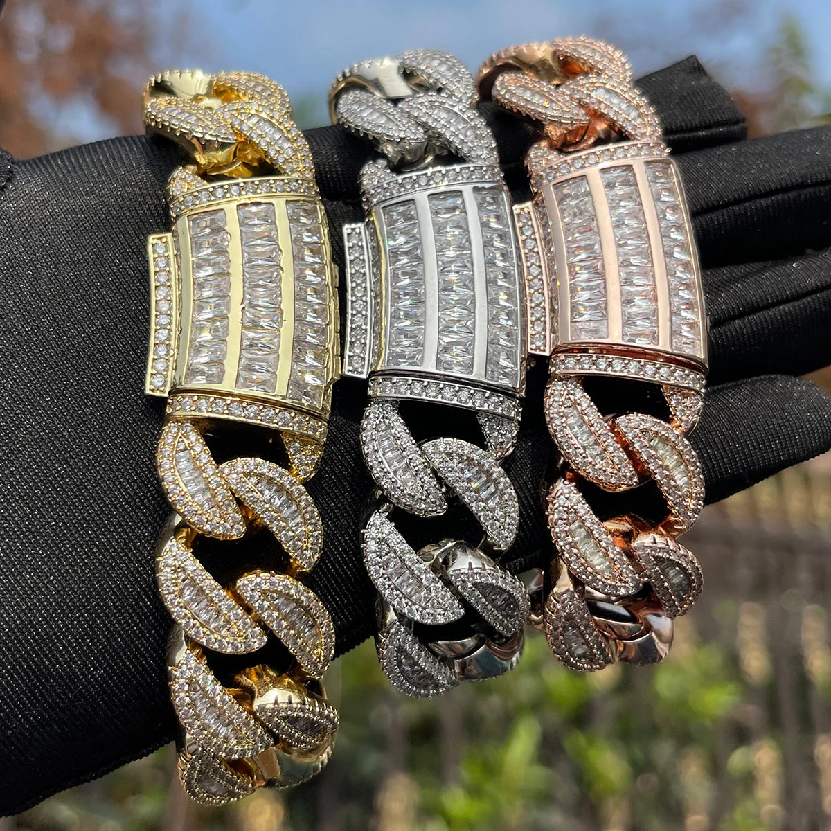5AAA+ CZ Ice Out Hop Hip Baguette Cuban Chain Bracelet 24k Real Gold Plated 20MM