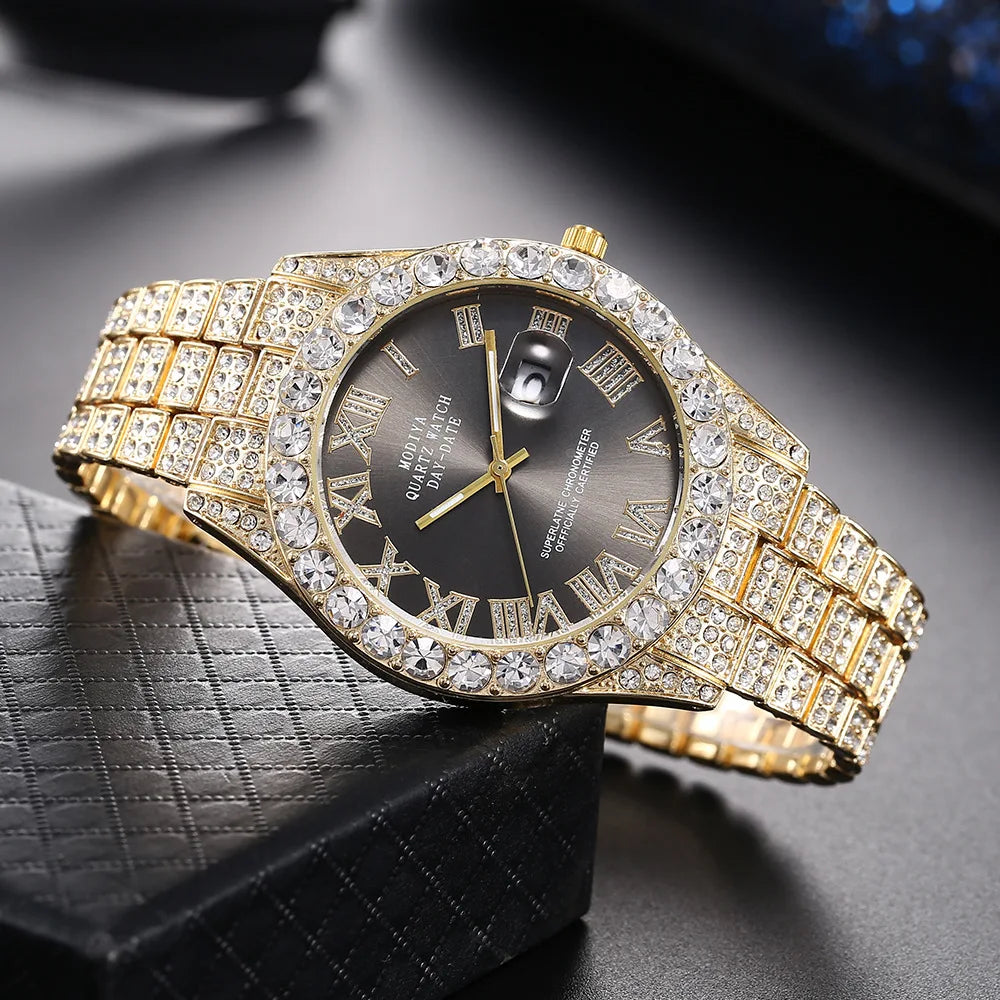 Iced Roman Numerals Round Cut Men's Watch in White Gold Rhinestone