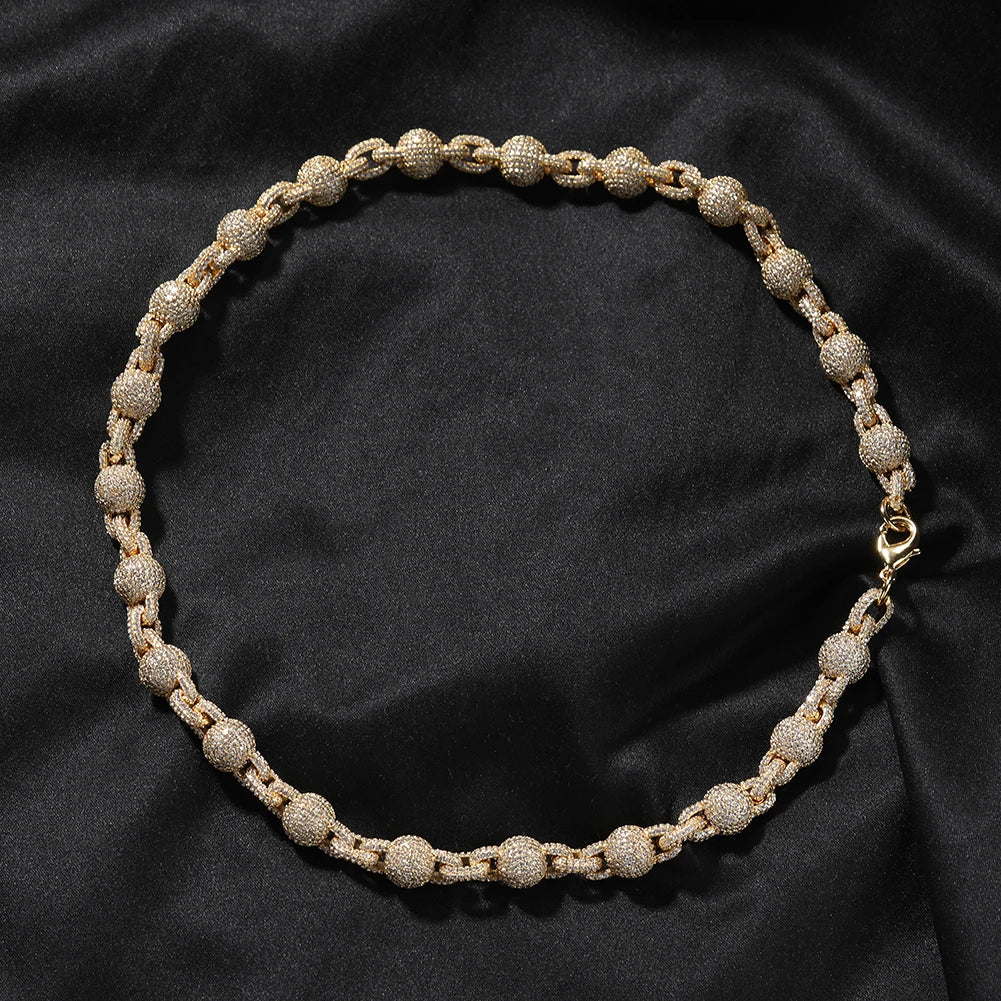 Ball 10mm Icy Bead Link Locked Chain Necklace Micro Paved Out 5A Cubic Zirconia Choker HipHop