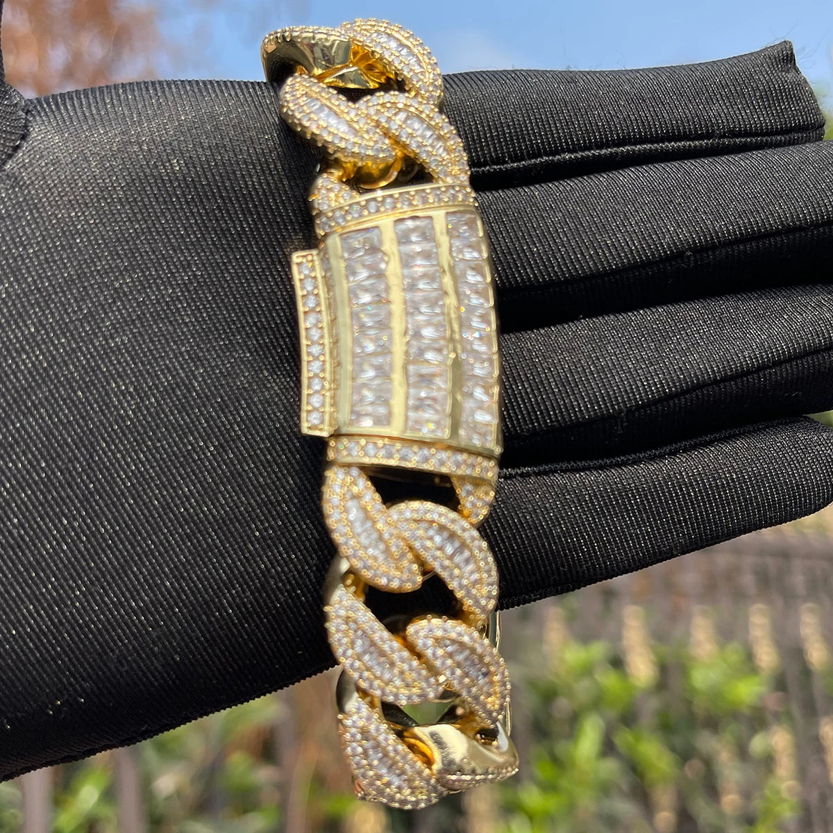 5AAA+ CZ Ice Out Hop Hip Baguette Cuban Chain Bracelet 24k Real Gold Plated 20MM