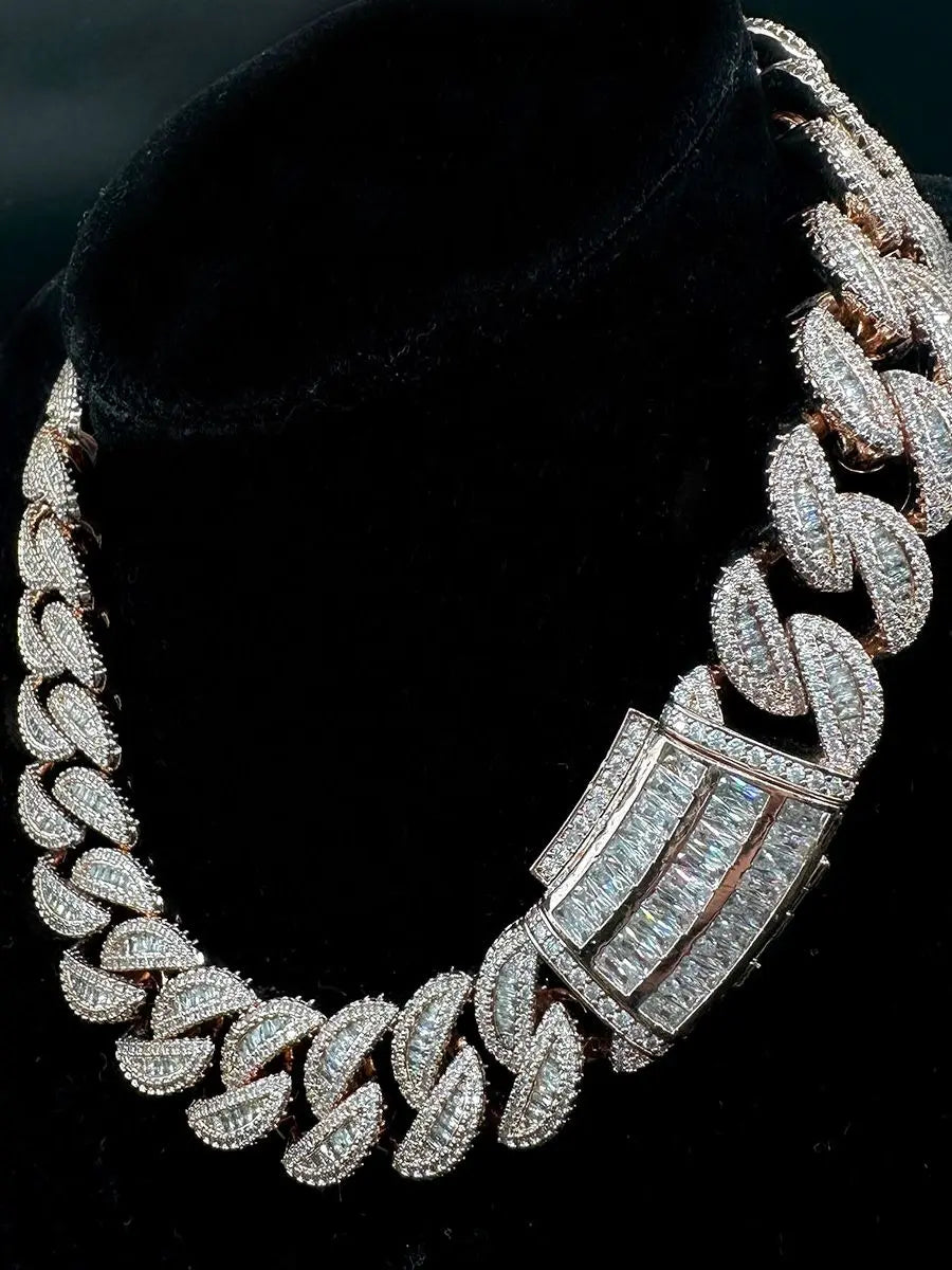 5AAA+ CZ Hop Hip Ice Out Bling Baguette Chain Necklace 14k Real Gold Plated 20MM