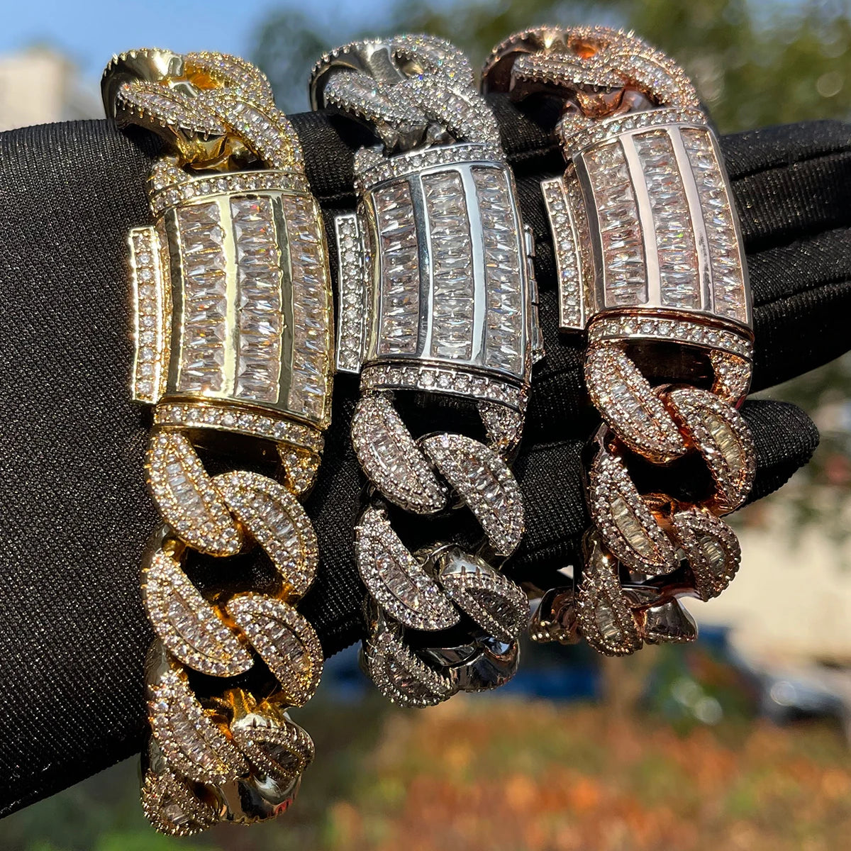 5AAA+ CZ Ice Out Hop Hip Baguette Cuban Chain Bracelet 24k Real Gold Plated 20MM