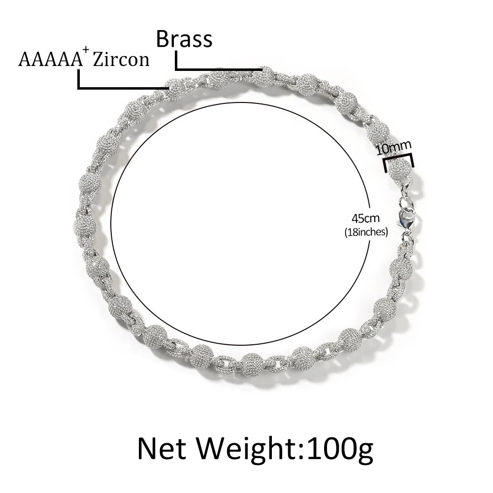 Ball 10mm Icy Bead Link Locked Chain Necklace Micro Paved Out 5A Cubic Zirconia Choker HipHop