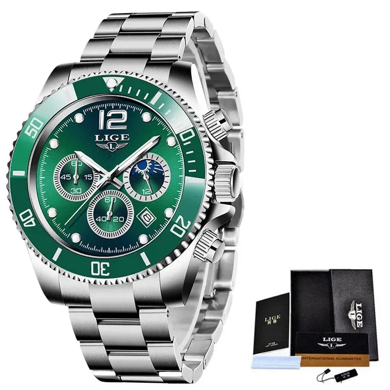 LIGE Top Brand Luxury Men Watch Business Stainless Steel Quartz Wristwatches Luminous Waterproof Watch for Men Clock Gift+Box